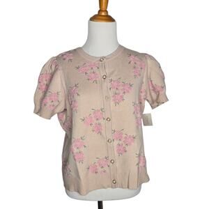 New Cottage Floral Cardigan Puff Sleeve Feminine Pink Pearl Button Women XL